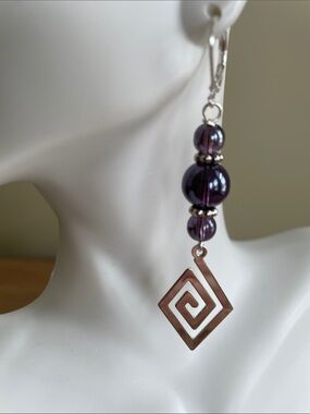 HAND CRAFTED IRIDESCENT PLUM PURPLE & SILVER GEOMETRIC DROP EARRINGS Greek Key